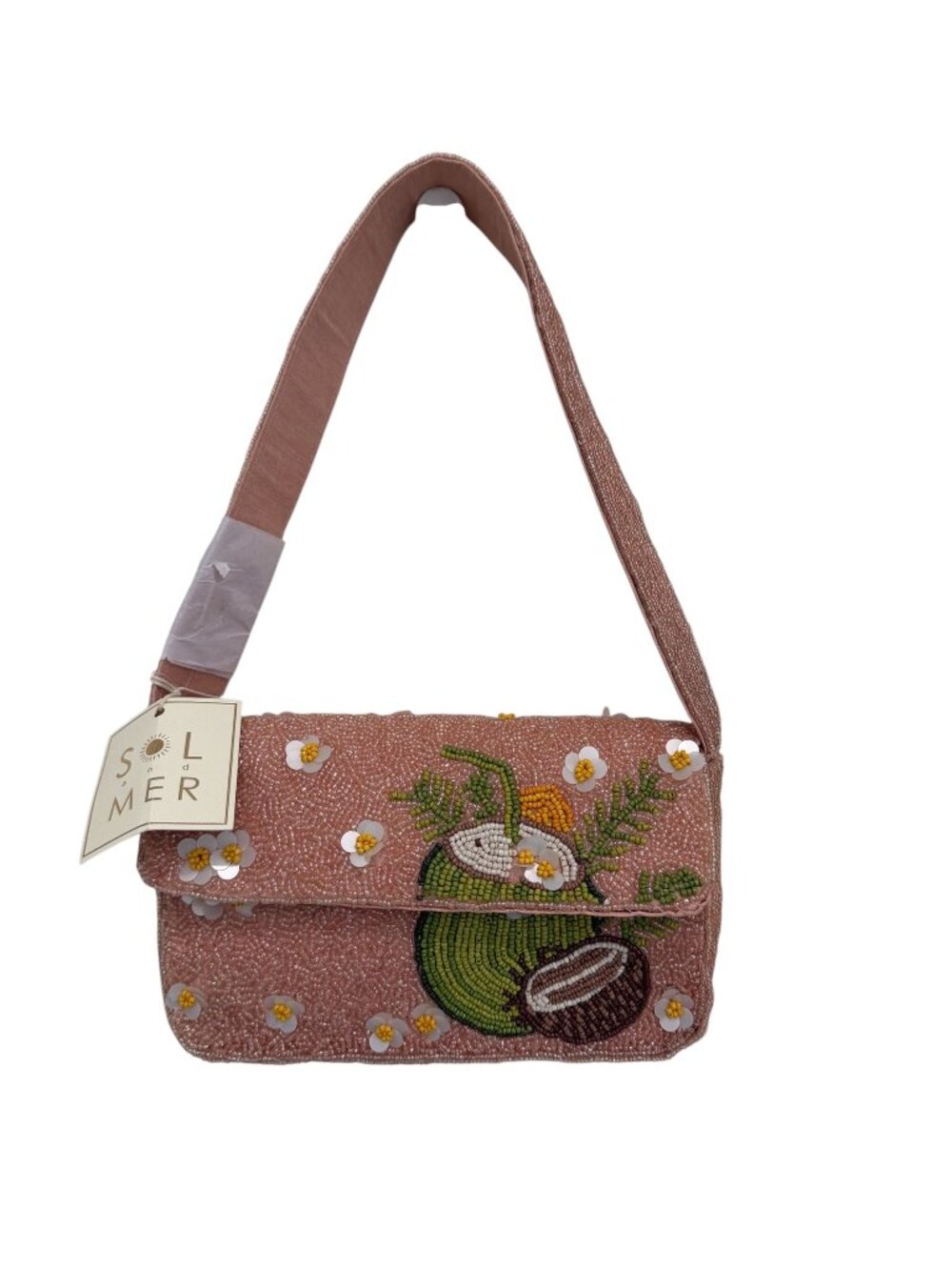 Sol and Mer Beaded Bag Tropical Coconut Cocktail Drink Sequib Flowers NWT